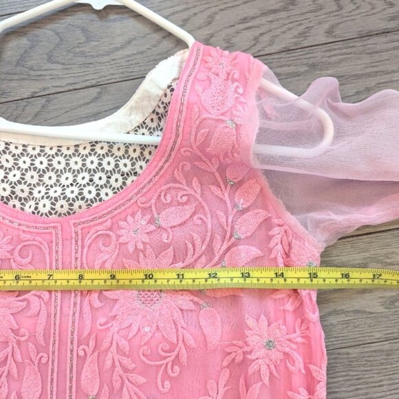 Pink Floral Indian Suit with Lace & Sheer Sleeves- XS New - Picture 6 of 7